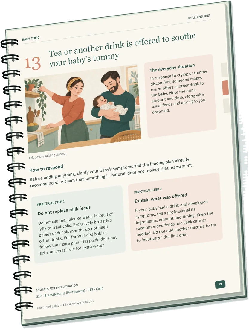 Page 19 of the guide: a drink offered to soothe the baby, with two practical steps.