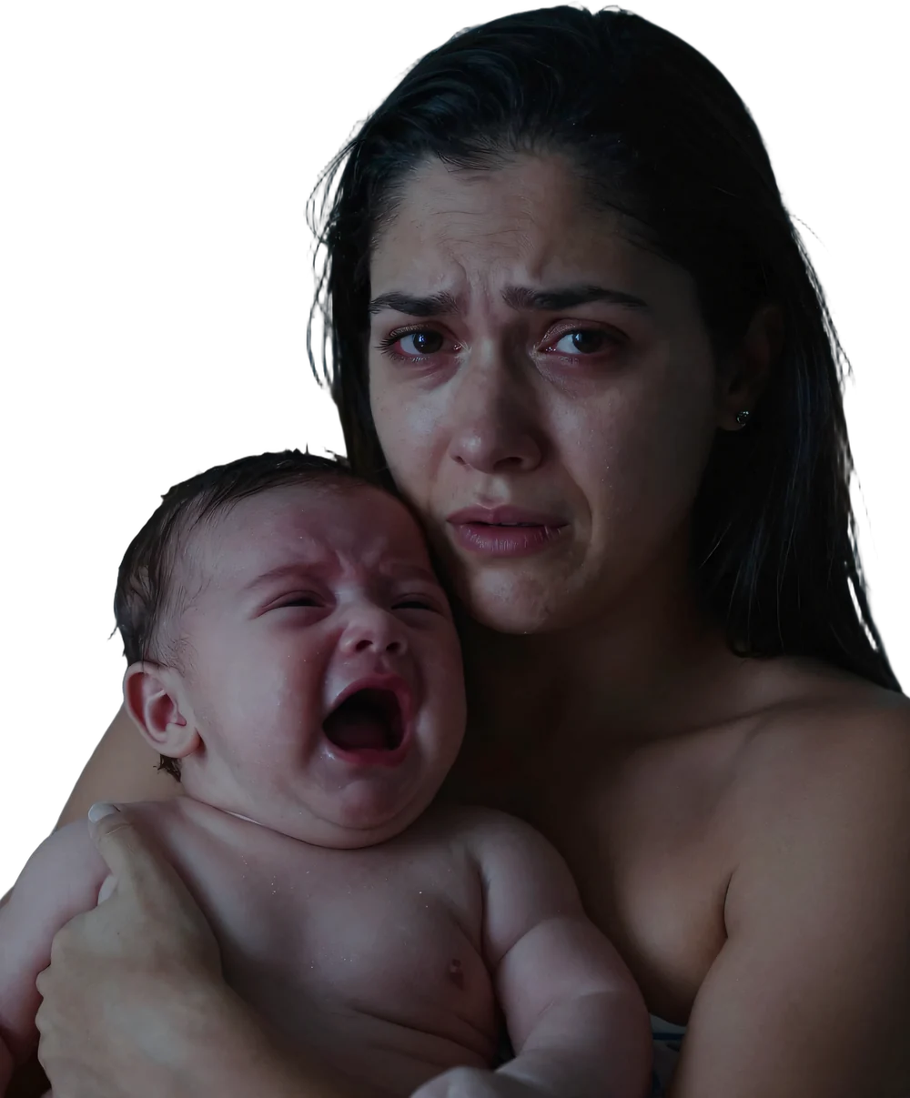 A parent holding a crying baby.